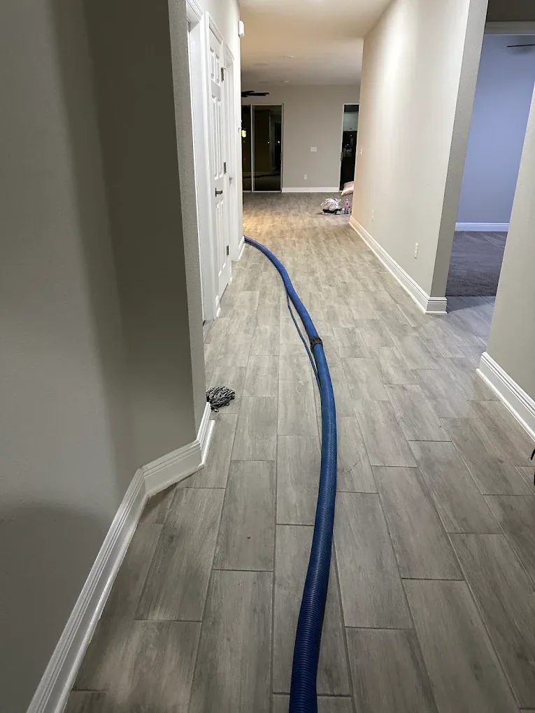 blue vacuum hose gray plank tile hallway
