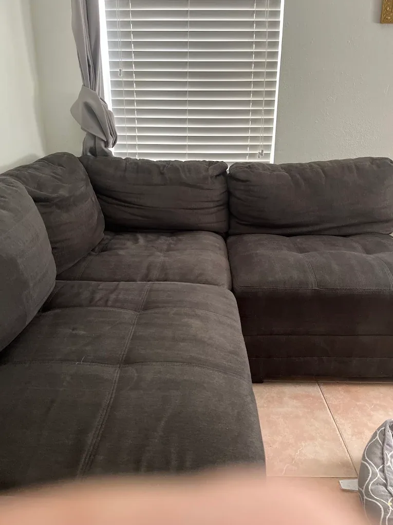 charcoal microfiber sectional tufted cushions pink tile wind