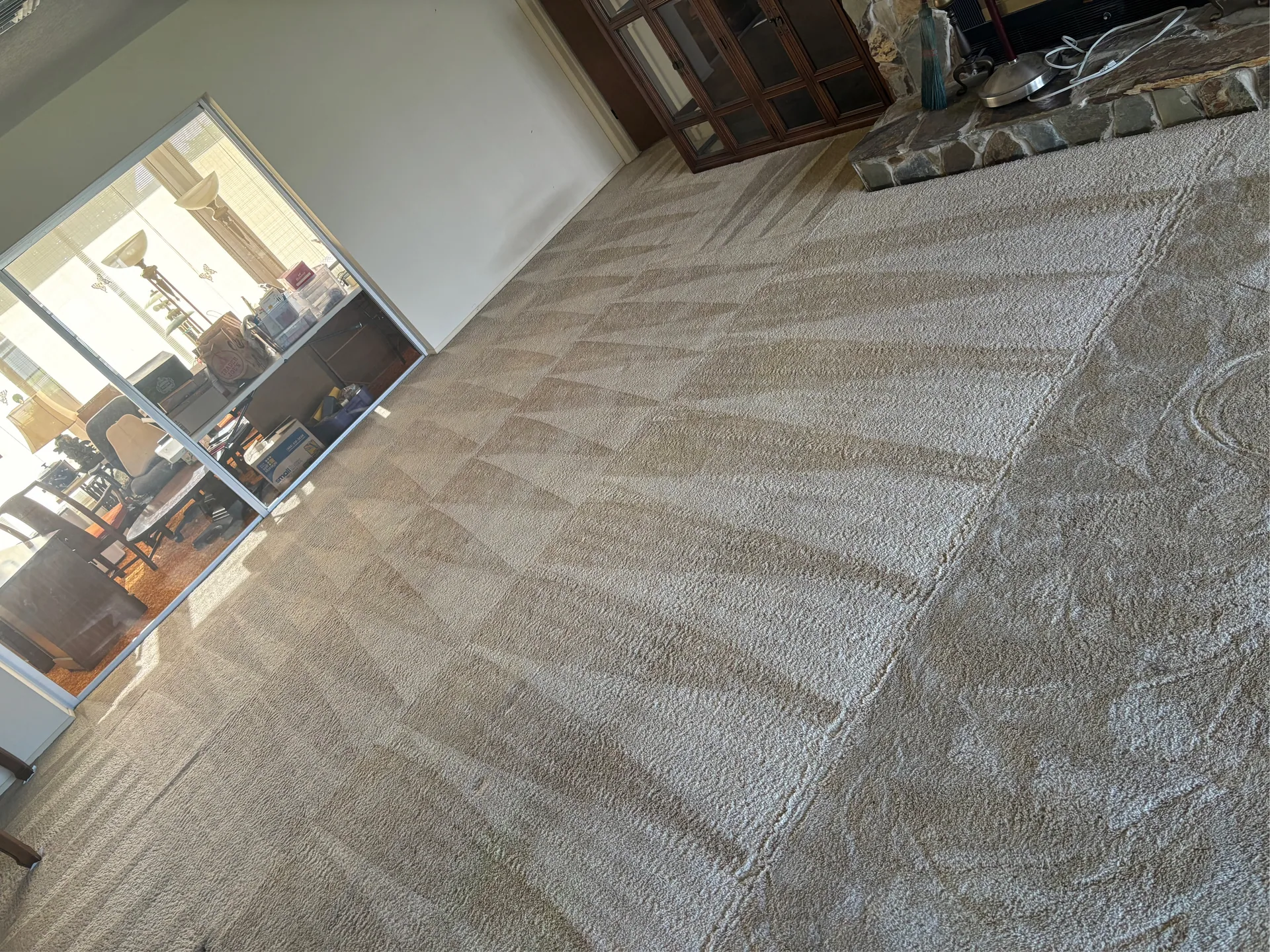 cream carpet wand marks stone hearth sliding door