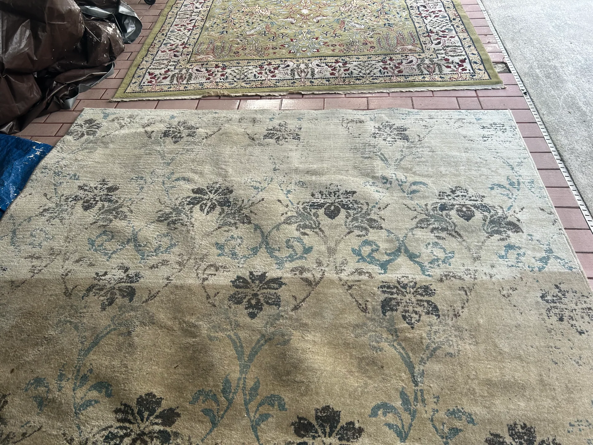 cream floral damask area rug half cleaned brick paver patio