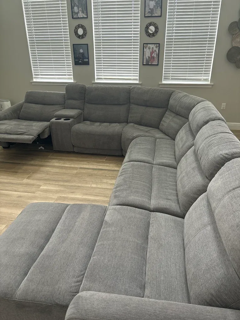 gray chenille reclining sectional wide view three windows st