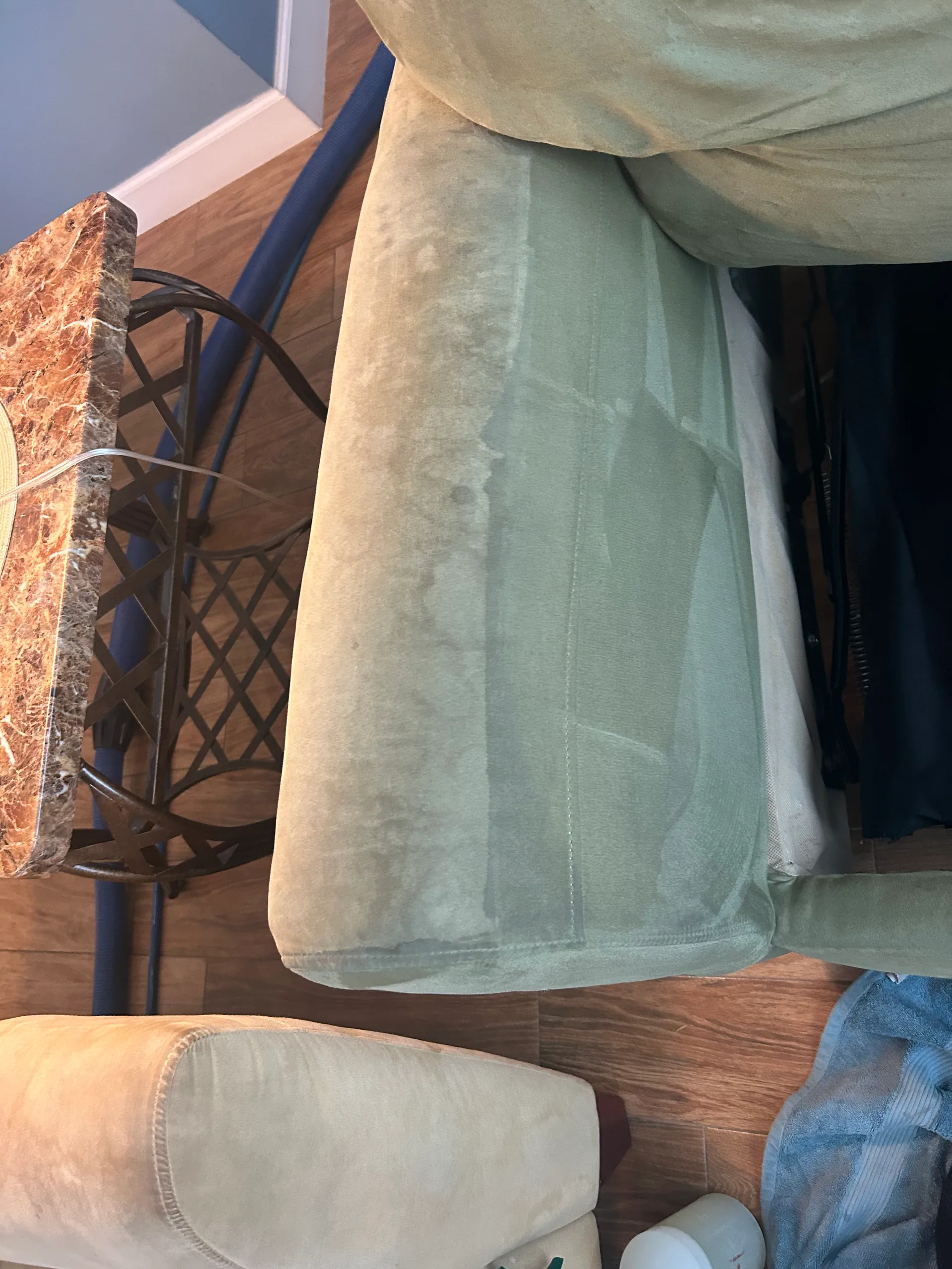 sage green microfiber sofa arm half cleaned marble side tabl