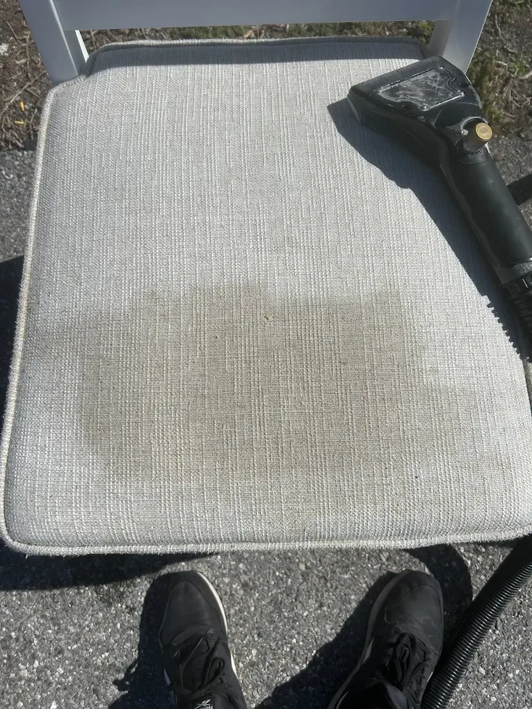 stained linen dining chair cushion upholstery tool outdoors