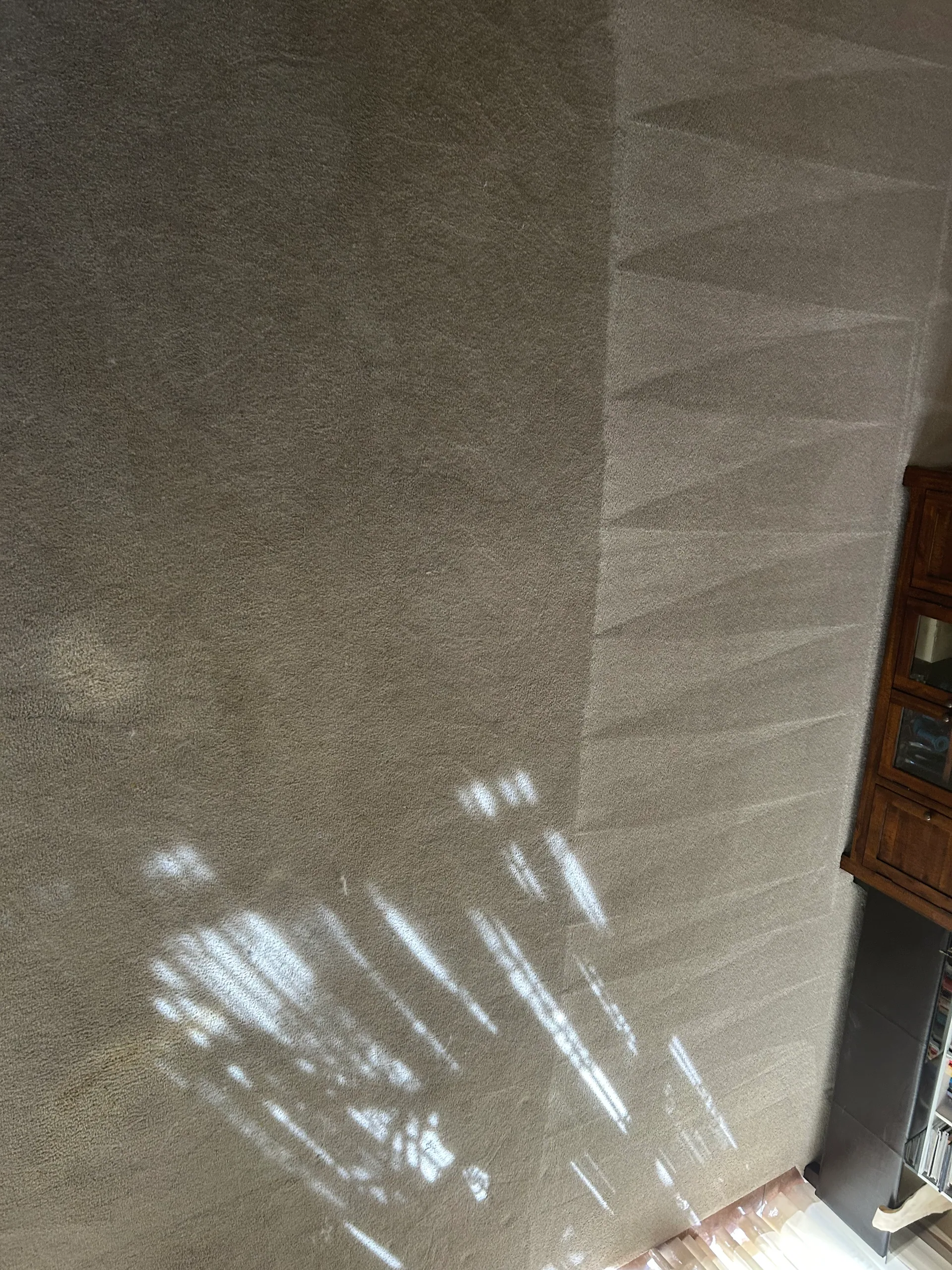 taupe carpet wand marks sunlight patches wood cabinet ofallo