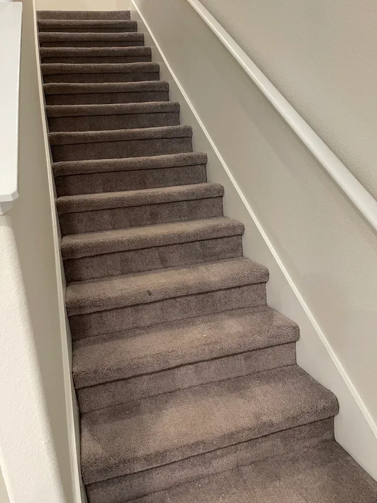 taupe carpeted staircase looking up white handrail lake st l